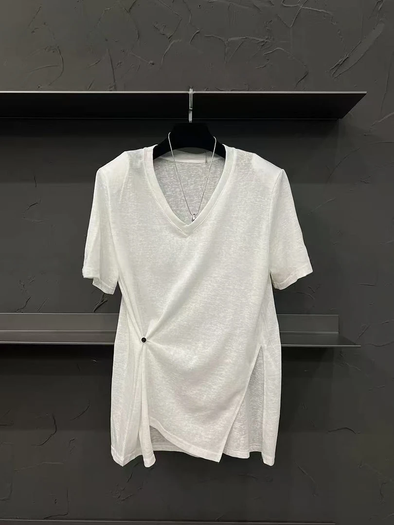 Manmi 不规则设计款V领短袖T恤  33915（C4）
