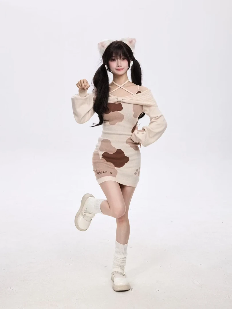 2025三花奶喵 辣妹包臀短裙长袖收腰时尚甜美小众显瘦包裙连衣裙