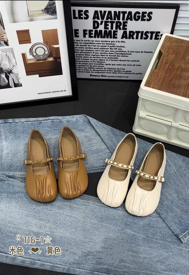 7161女士平底浅口褶皱玛丽珍鞋