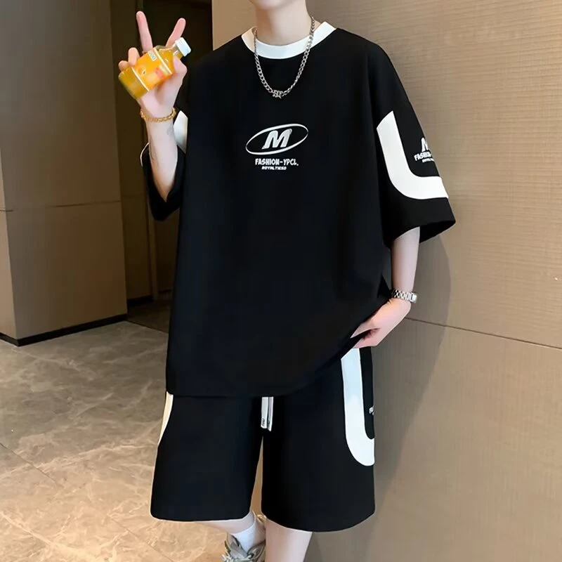 短袖短裤套装男款夏季学生潮流t恤胖子一整套搭配特大码男装衣服