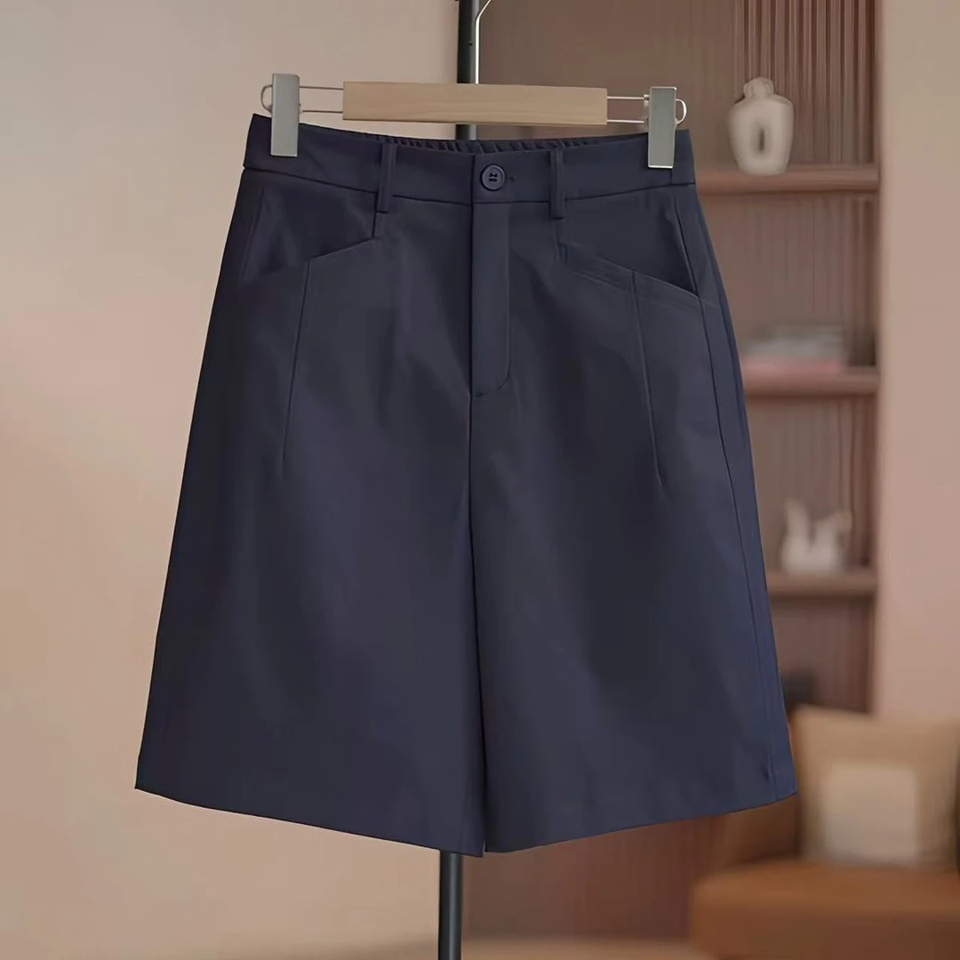 藏青色西装短裤女夏季薄2025新款高腰休闲a字五分直筒阔腿热裤子