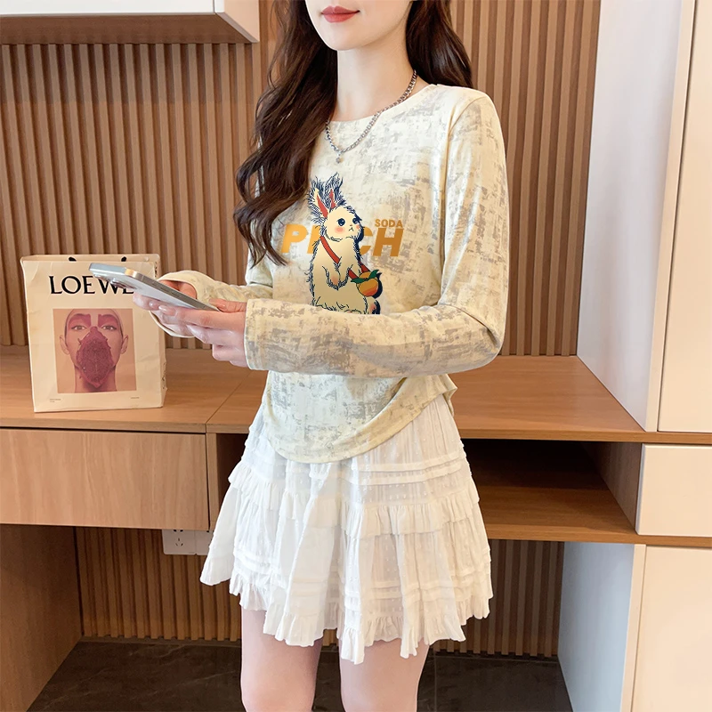 扎染不规则长袖T恤女秋季时尚设计感显瘦大码洋气修身圆领打底衫