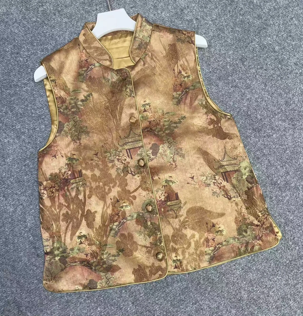 157高端时尚中式薄款直襟立领百搭女士无袖花色休闲扎染提花马甲