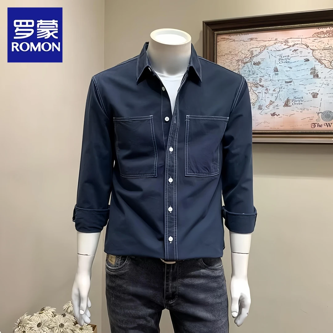 Romon/罗蒙2025长袖衬衫日系港风宽松春秋季男士潮流百搭休闲外套