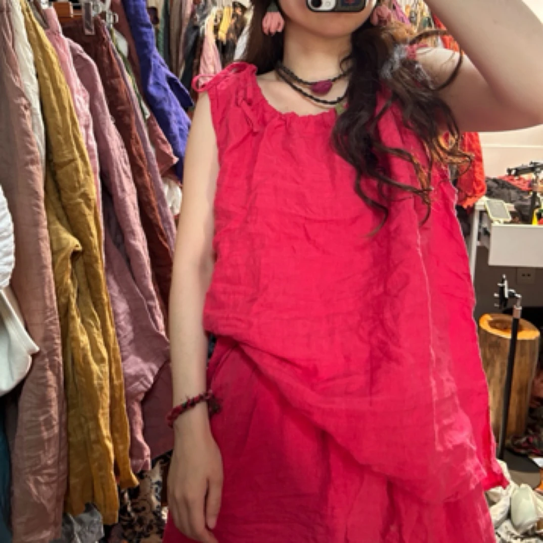 妞妞 新款砂洗亚麻抽绳百搭洋气无袖坎肩背心