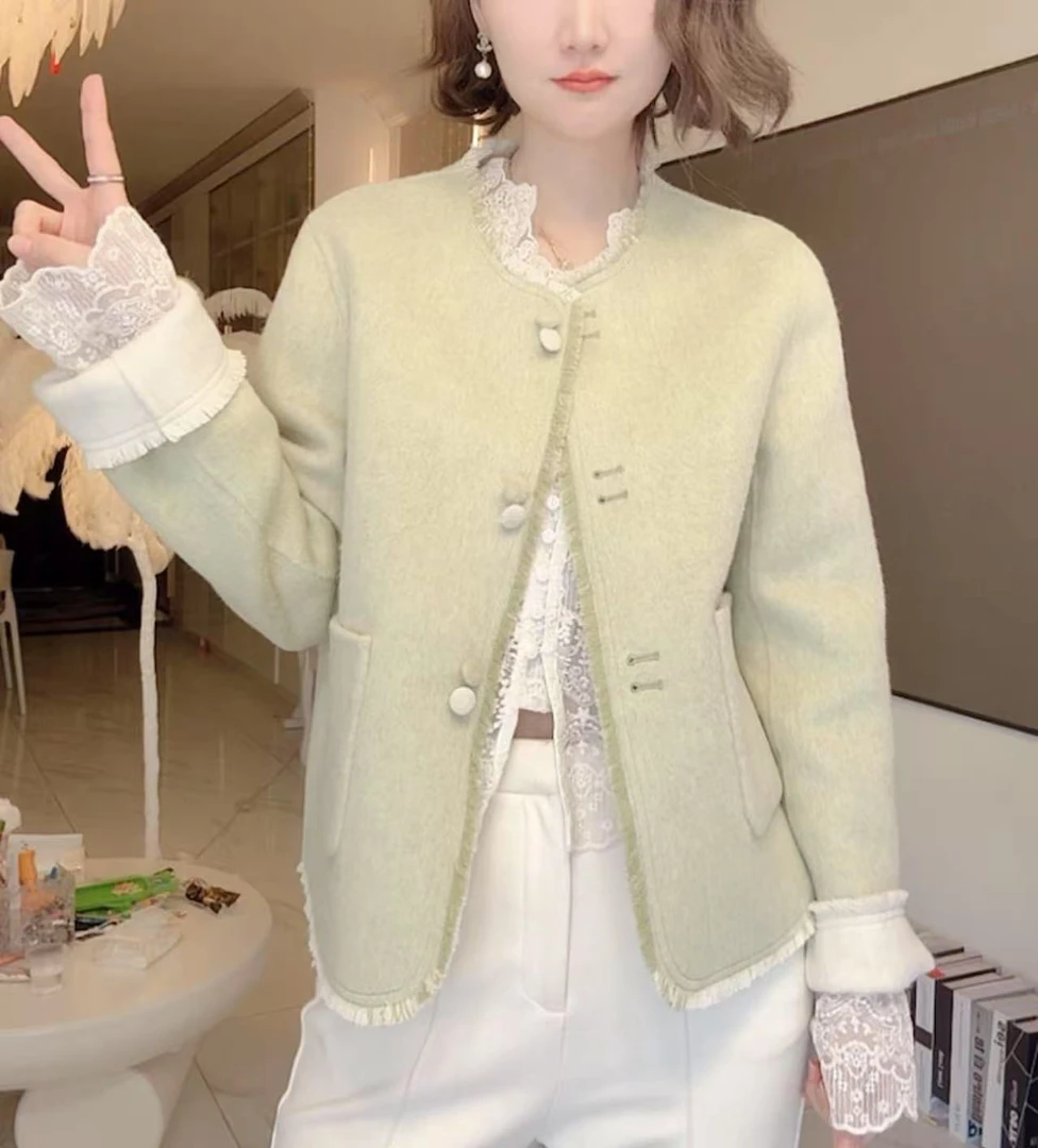 反季圆领两面穿羊毛外套~小个子新款韩系减龄双面羊毛大衣女百搭