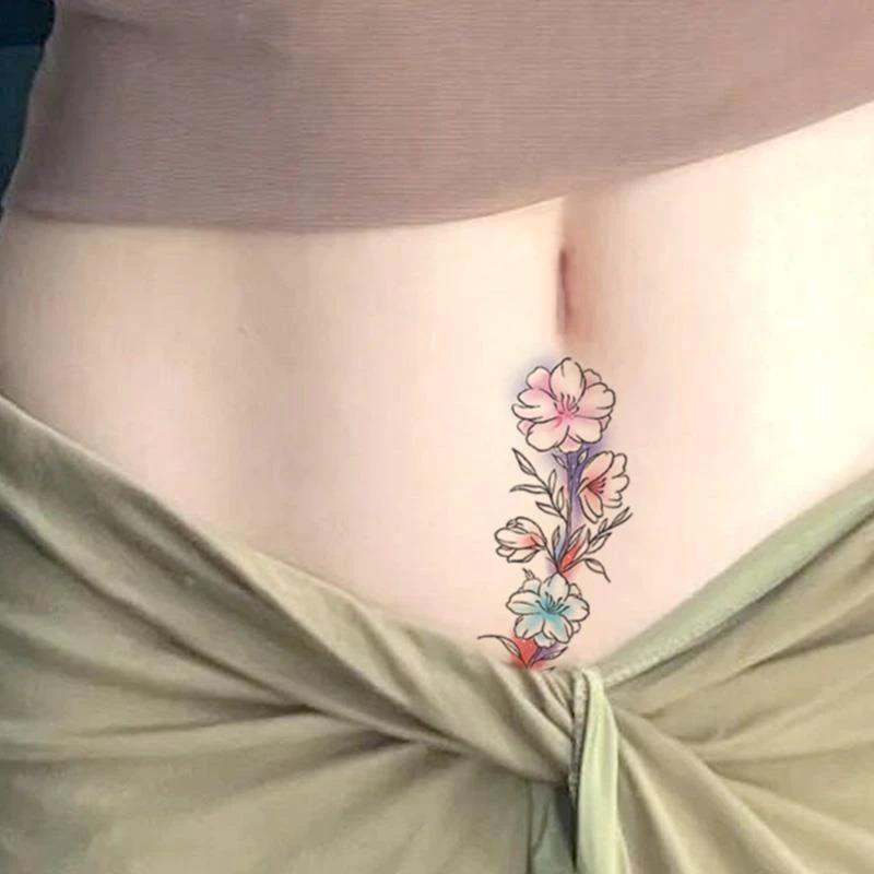 剖腹产遮疤痕纹身贴女防水持久肚子私处遮挡性感彩色横竖花朵大图
