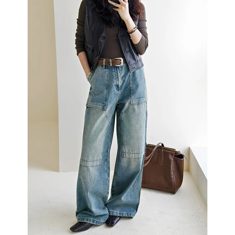 美洋MEIYANG【60系列】拼图牛仔裤 做旧雪花洗水_贴袋工装阔腿裤E