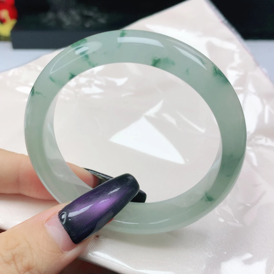 未镶嵌手镯翡翠翡翠52.1冰种透飘蓝花正圈
