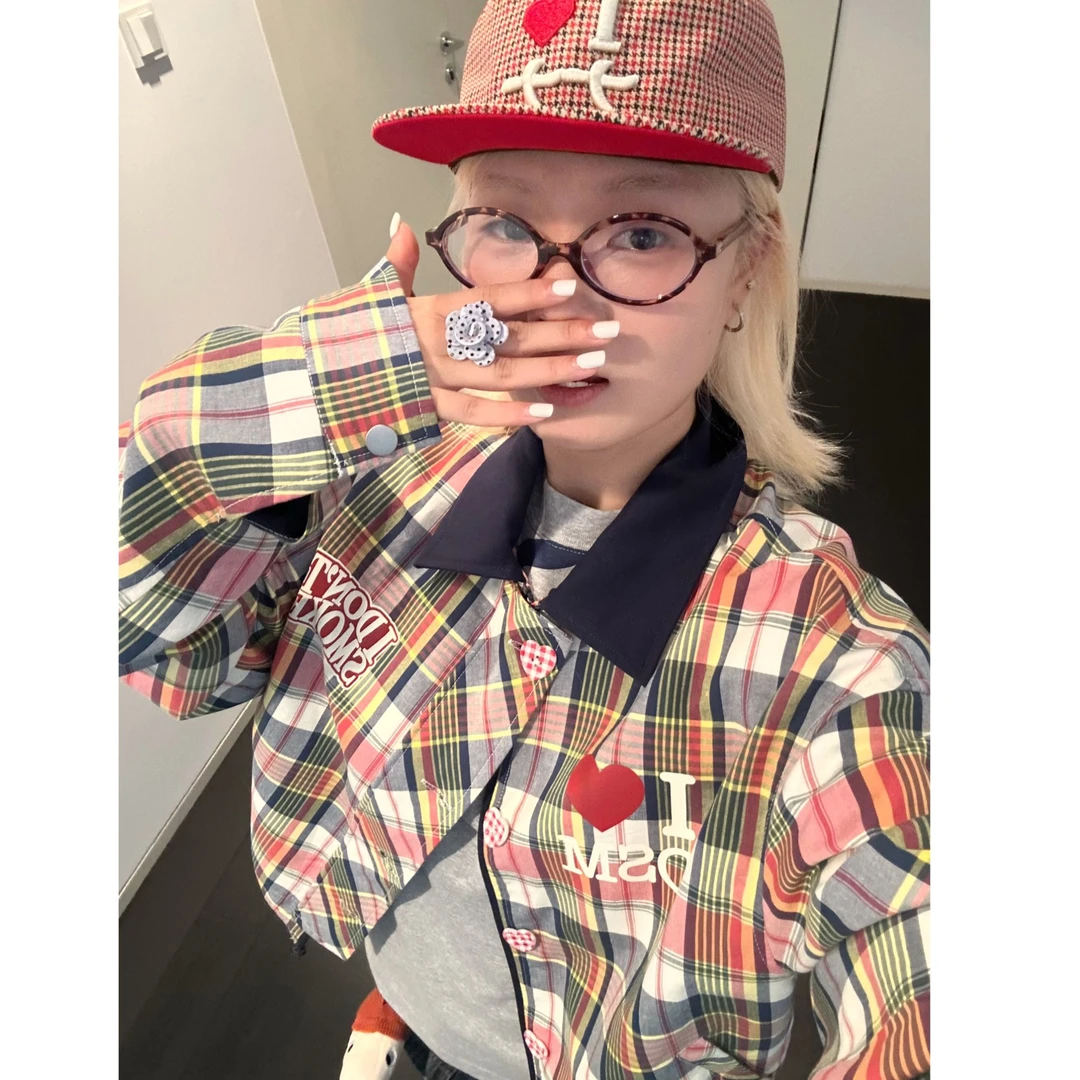 【彩虹多巴胺】DONSMOKE格纹爱心夹克DSM爱心扣子休闲翻领外套