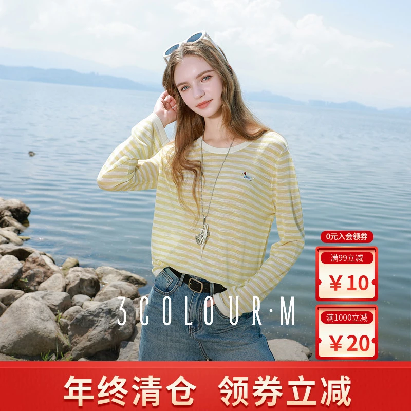 三彩2025夏季新款慵懒简约刺绣圆领条纹针织衫宽松套头毛衫显瘦M