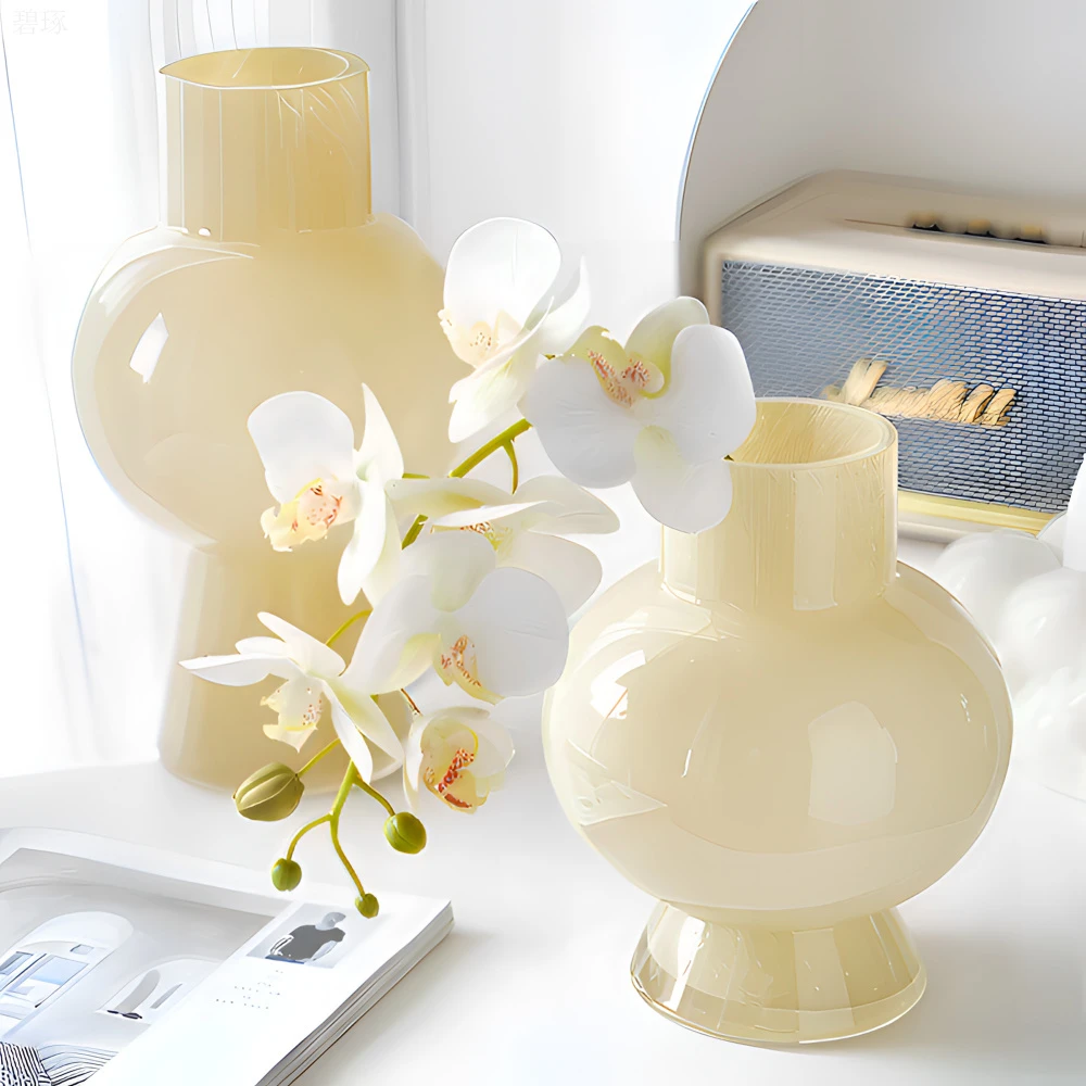 碧琢法式ins奶玉色中古芬顿花瓶高颜值琉璃花瓶插花客厅高级感花