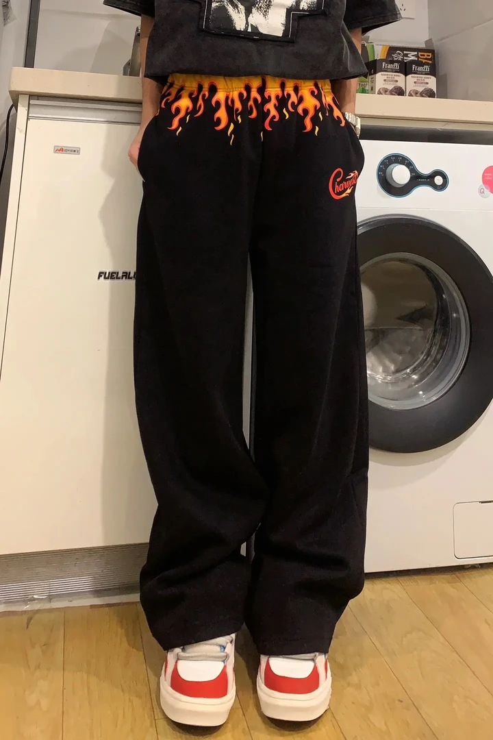 592C 2024AW国潮原创美式复古火焰腰围设计男女同款情侣休闲裤ins
