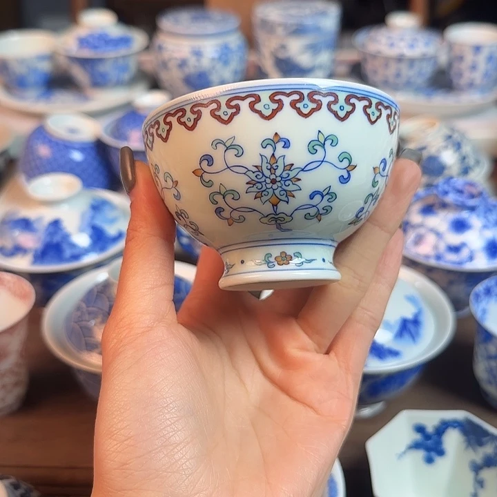 名窑口 见山烧斗彩缠枝莲高脚杯放漏