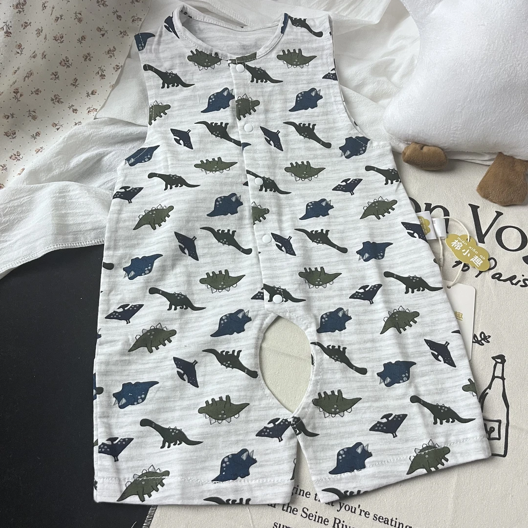 灰色恐龙背心婴幼宝宝单层背心哈衣连体衣柔软舒适开裆