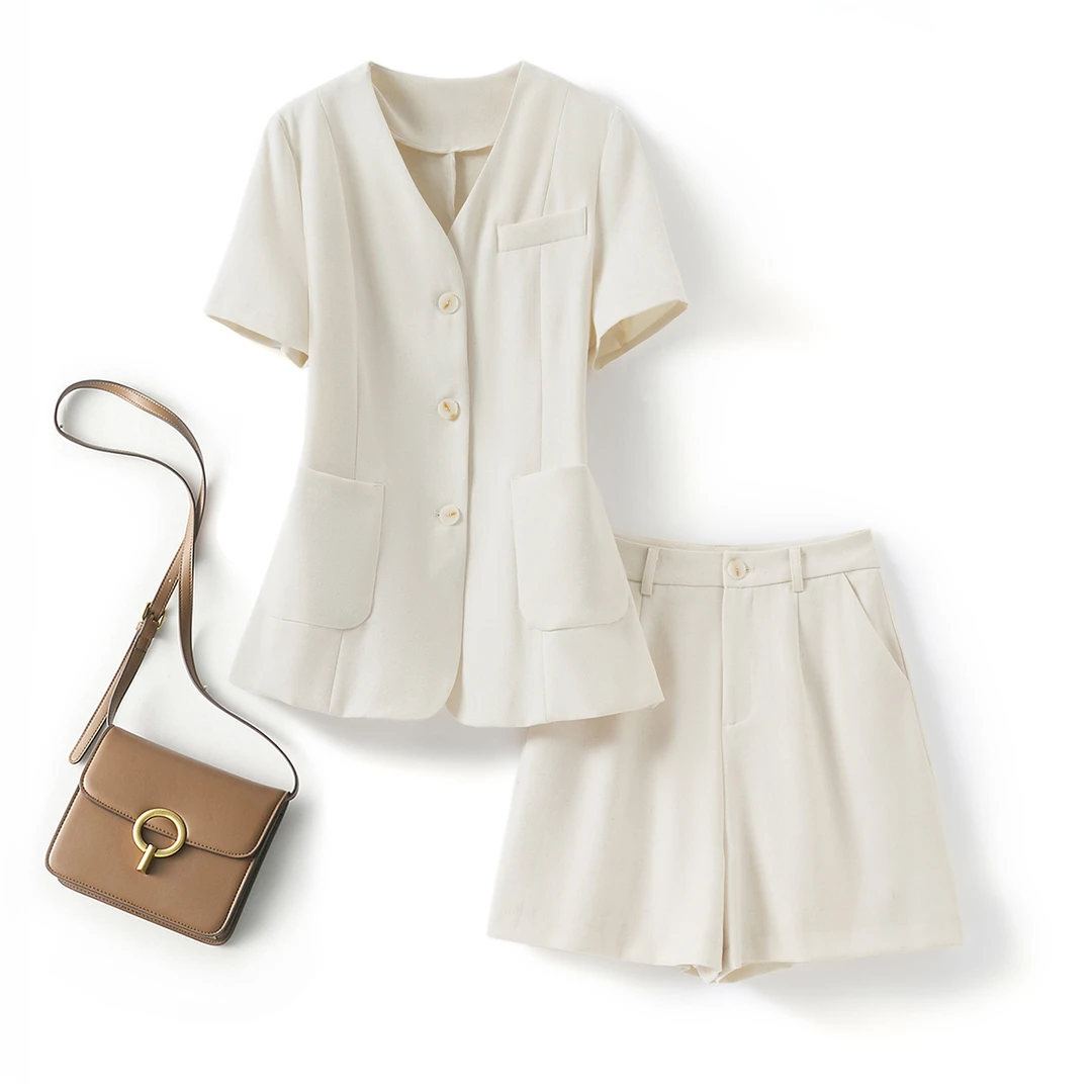 气质时尚V领西装套装女2025夏季遮肉显瘦盐系轻熟职业短裤两件套