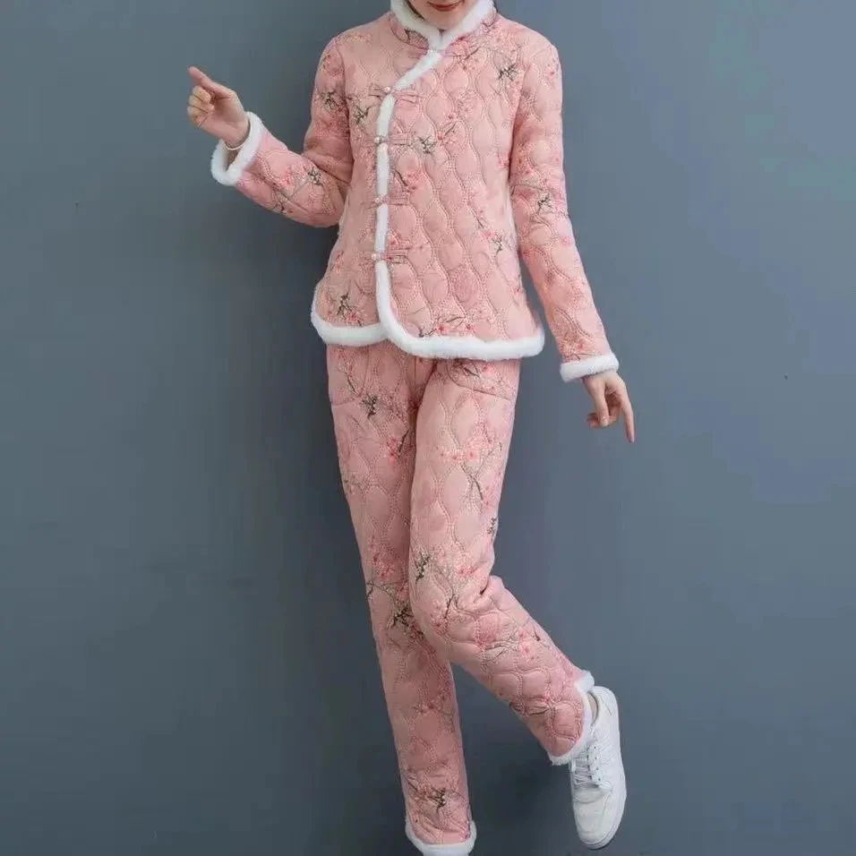 粉色套装东北花棉袄国风加绒加厚中式冬款拜年棉袄棉裤套装两件套