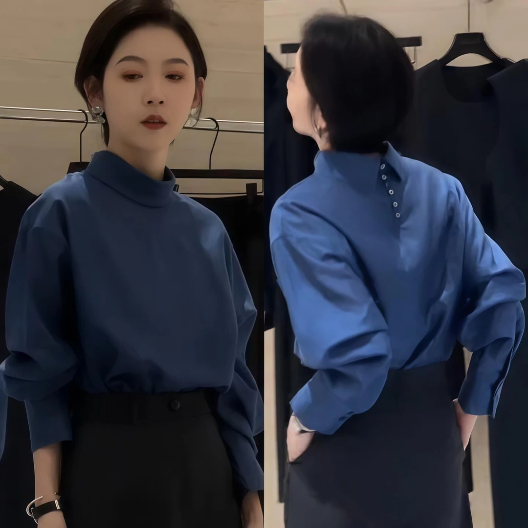 2025春秋季新款女士法式小资蓝色立领长袖衬衫后排扣衬衣薄款上衣