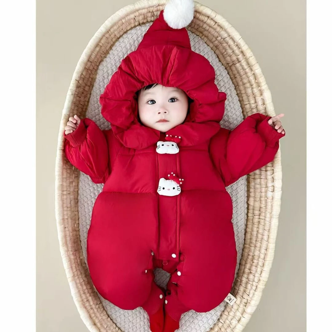 婴儿冬装夹棉连体衣小月龄女宝宝百天红色棉服外出服过年衣服抱衣