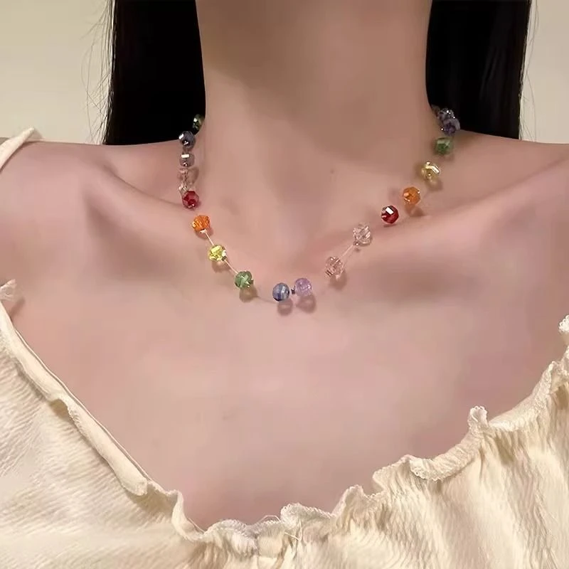 【甜夏幻彩】多巴胺彩色气质水晶串珠拍照项链设计感锁骨链配饰