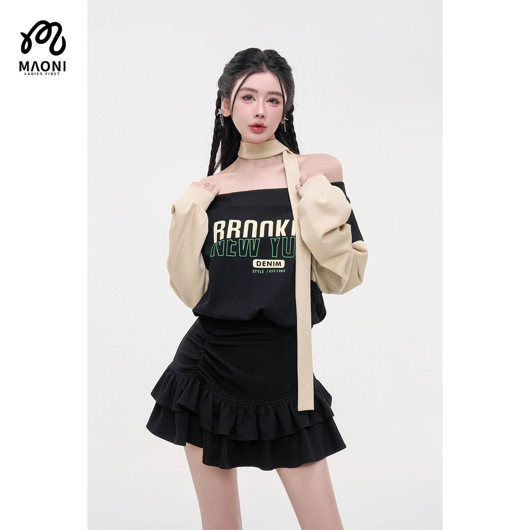 毛妮LADIESFIRST【盐系少女】配围脖一字领撞色褶皱连衣裙秋L2318