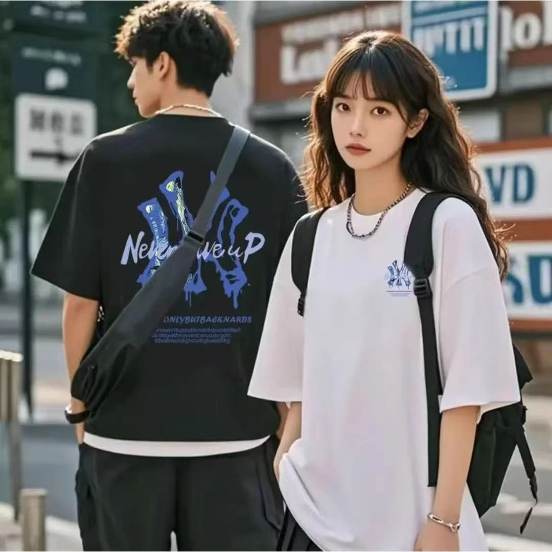 夏季休闲透气纯棉宽松百搭T恤时尚高品质宽松圆领简约双面