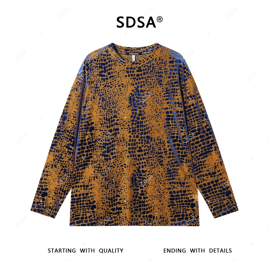 SDSA秋季新款男士痞帅渐变不规则植绒撞色圆领长袖T恤潮流时尚