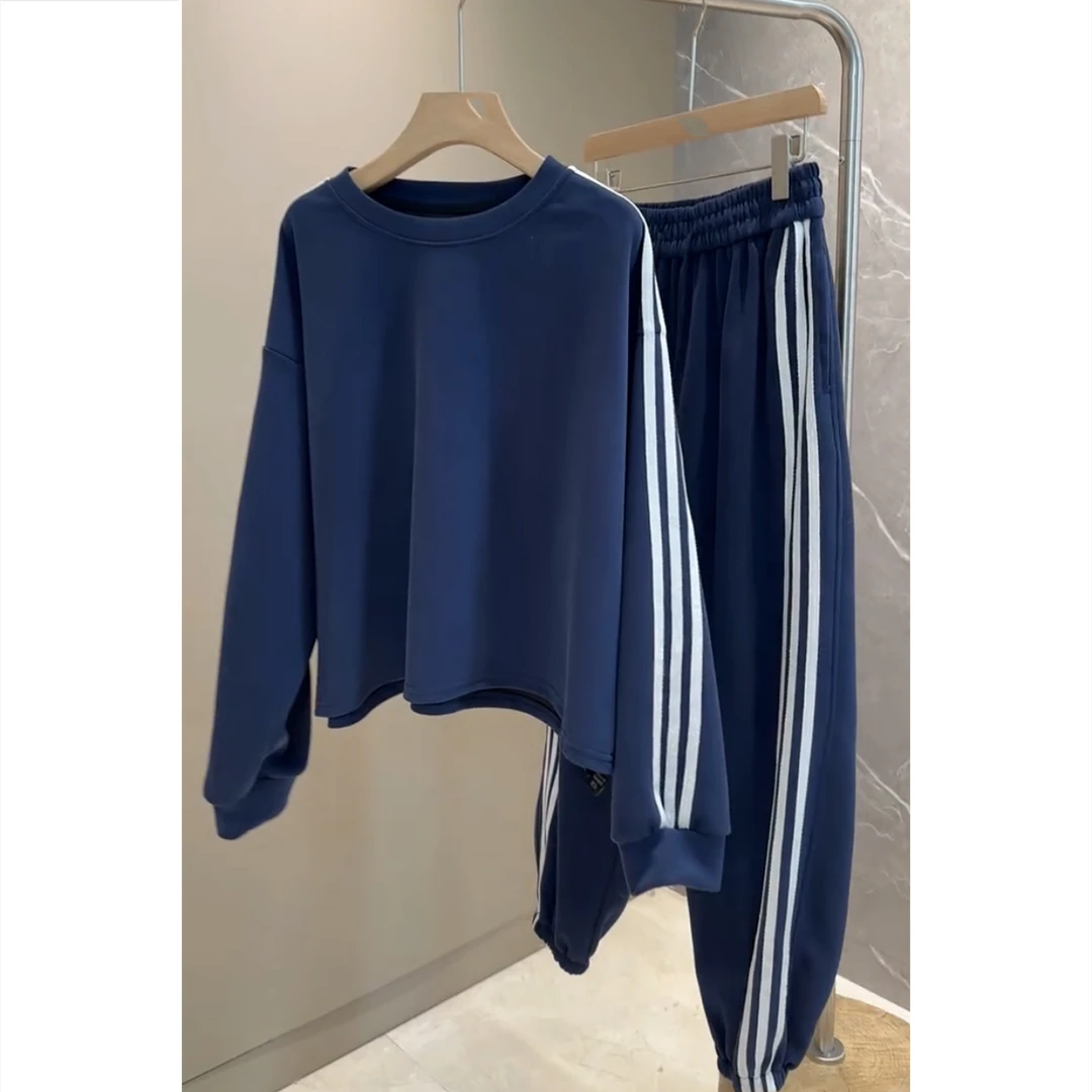 艾塔莉秋季女新款时尚休闲套装百搭条纹松紧腰休闲裤圆领长袖上衣