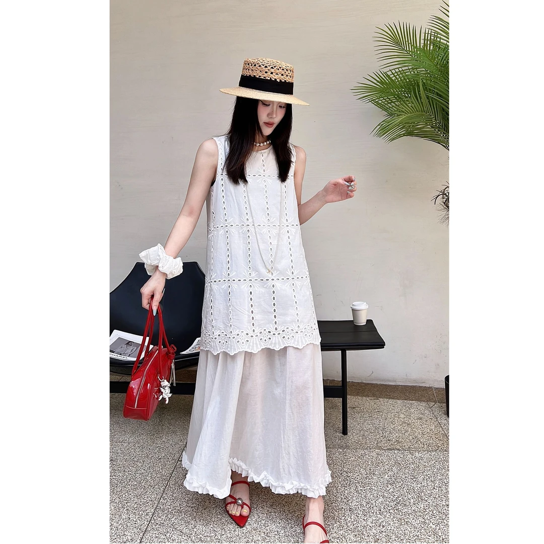 【夏季新款】韩版镂空刺绣无袖双层假两件连衣裙配发圈 322