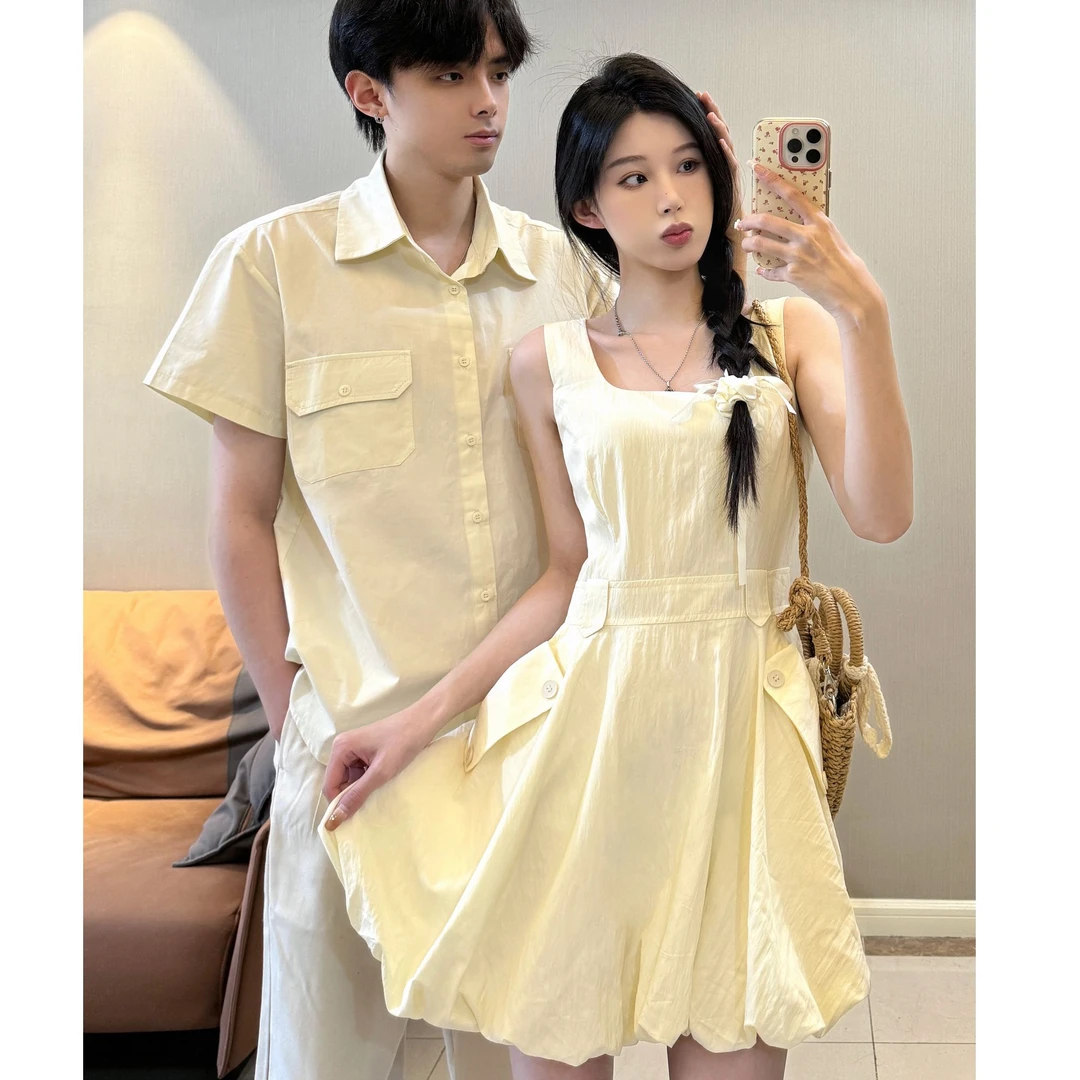 情侣装夏季2025新款蓬蓬花苞短裙显瘦修身吊带女连衣裙男短袖衬衫