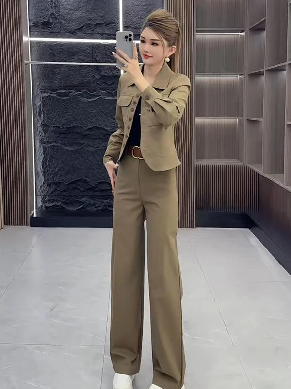 2025秋季新款百搭纯色翻领长袖短外套高腰直筒长裤洋气两件套女