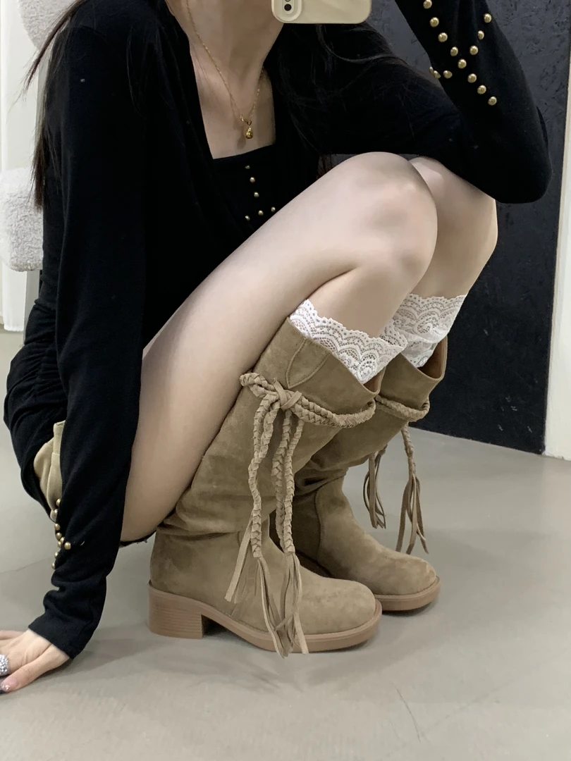 2025秋冬季复古废土风流苏骑士靴粗跟不过膝长筒靴显瘦堆堆高筒靴