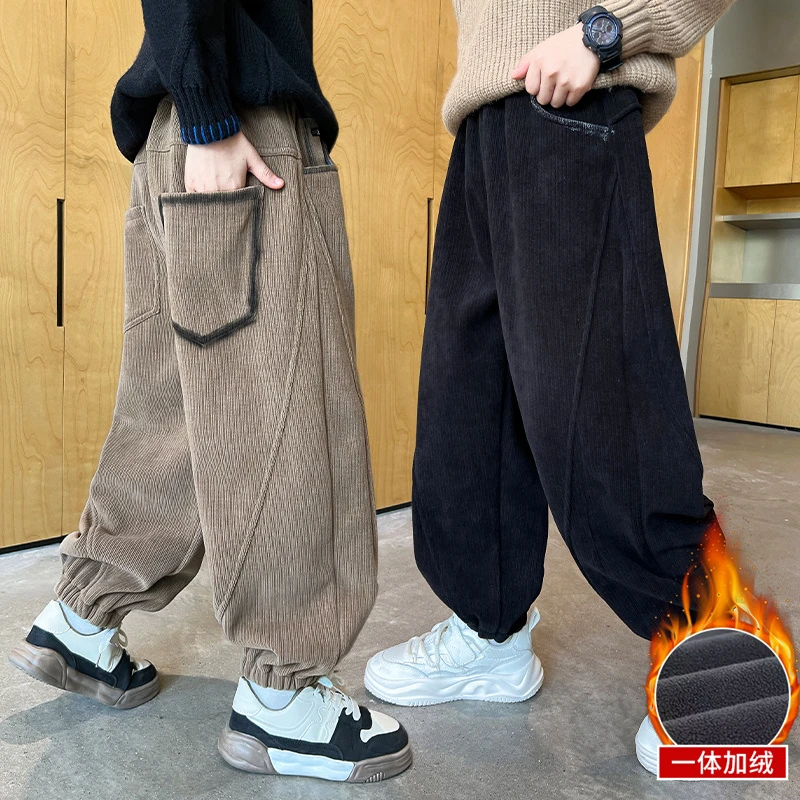 男童冬季加绒裤子儿童休闲条绒长裤一体绒2025秋冬新款中大童加厚