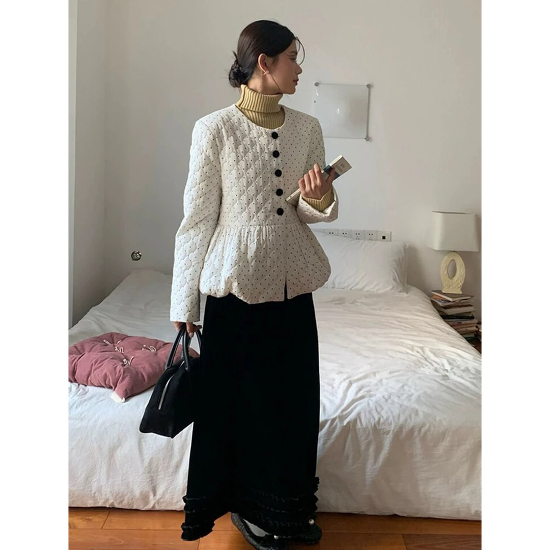 C55636-2025新款法式高级感波点气质内里加毛棉服外套