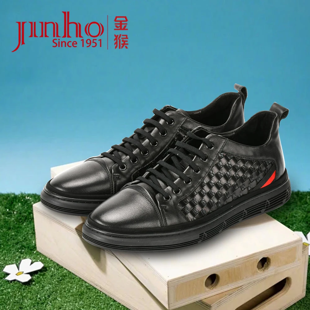 Jinho/金猴男士休闲编织休闲商务皮鞋百搭系带时尚黑色270361A