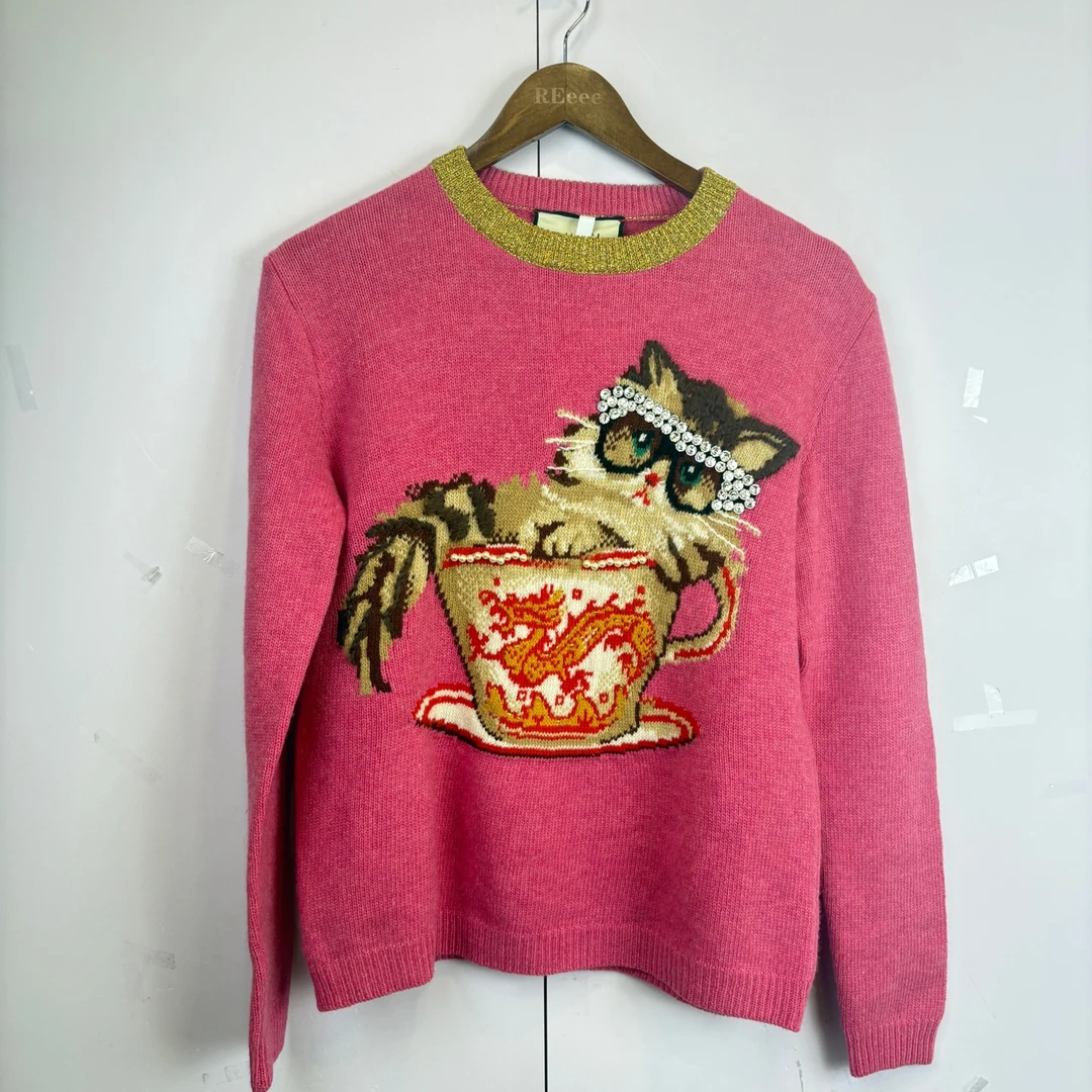 99新 GUCCI/古驰 012256  重工珍珠小猫针织毛衣  xs码