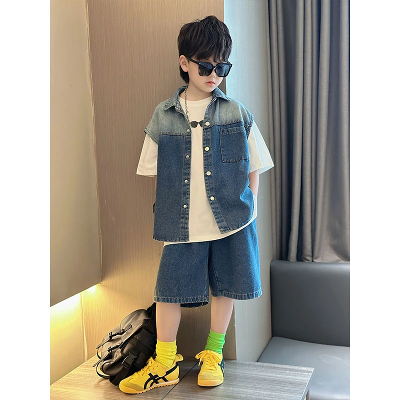 男童夏季薄款潮流渐变牛仔套装中大童简约个性韩版宽松马甲三件套
