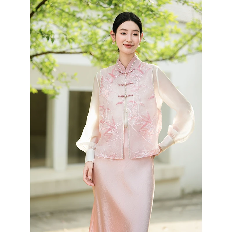 拾白新款新中式国风原创精致竹叶珠绣珍珠镶边无袖马甲清透SU8178