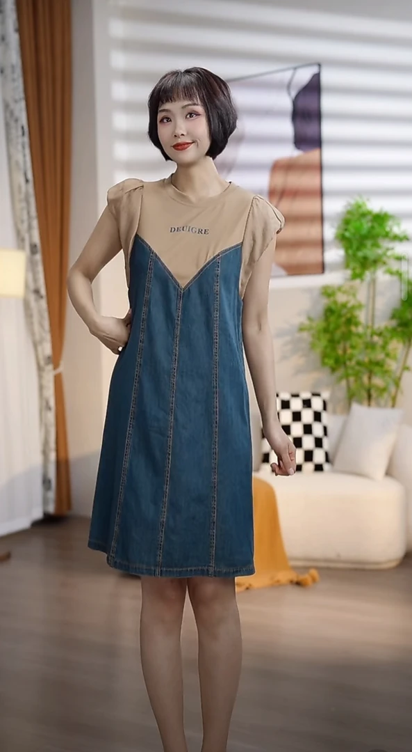 L053夏季休闲时尚短袖拼接牛仔连衣裙DM7