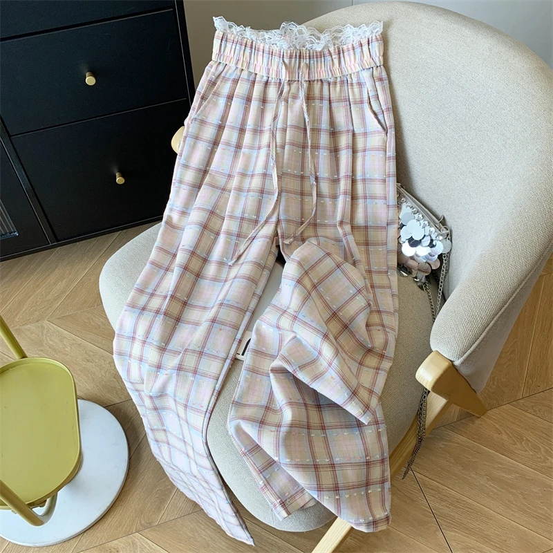 高腰女直筒夏季格子长裤学生百搭休闲风时尚个性拖地抽绳阔腿裤长