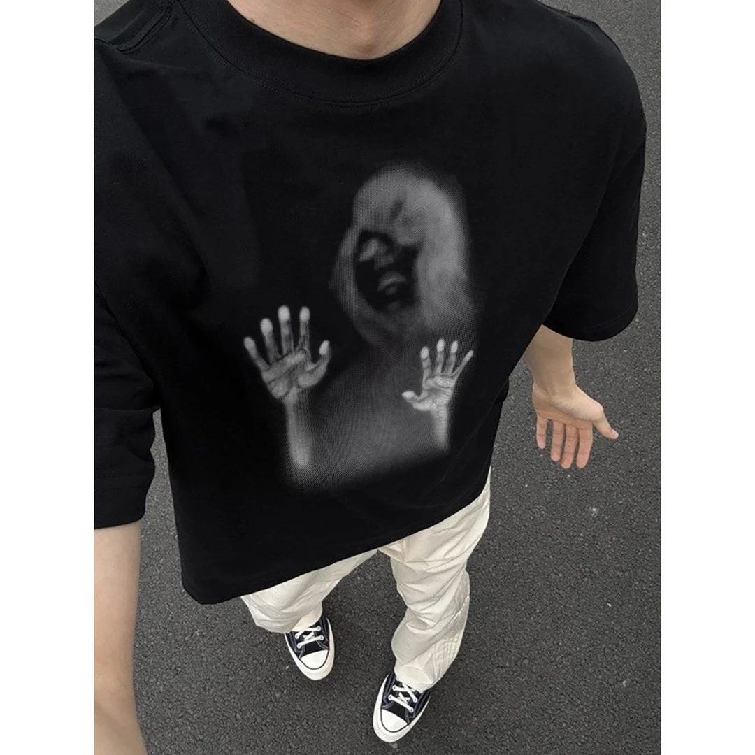 100%纯棉320克重磅美式百搭夏季黑色复古宽松印花圆领潮流休闲ins