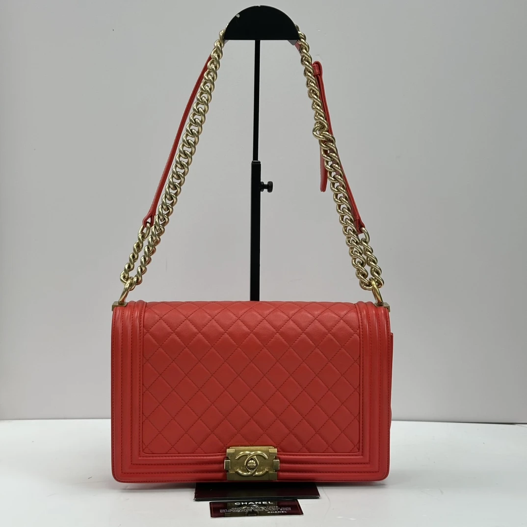 95新 Chanel/香奈儿 红色金扣Leboy中大号链条包 10168