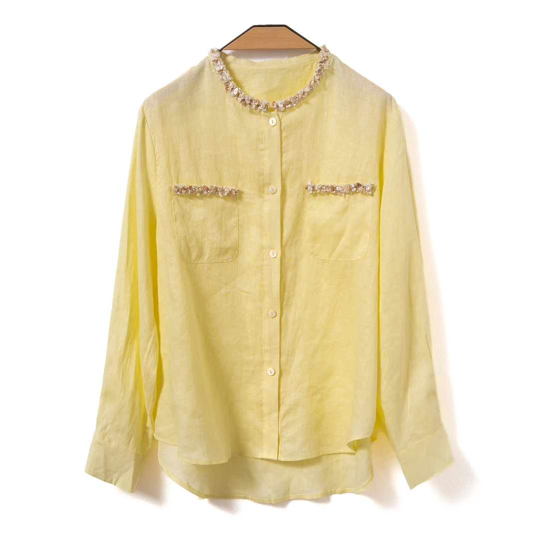 『绮翎Elegany 』轻奢系列进口亚麻圆领手工钉珠优雅高级感上衣