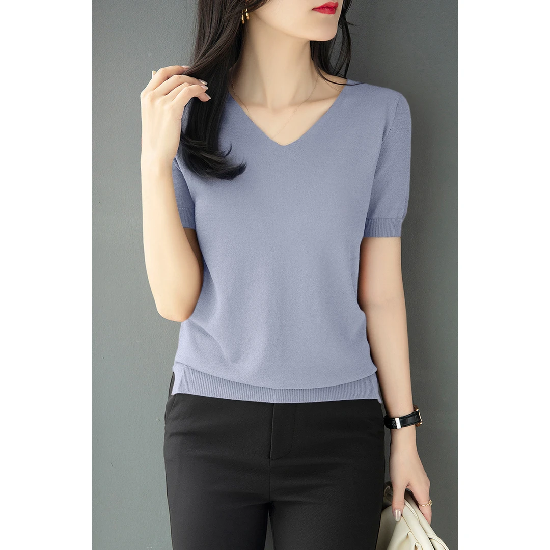 2025夏季新款宽松薄款下摆开叉设计短袖针织衫纯色冰丝V领T恤上衣