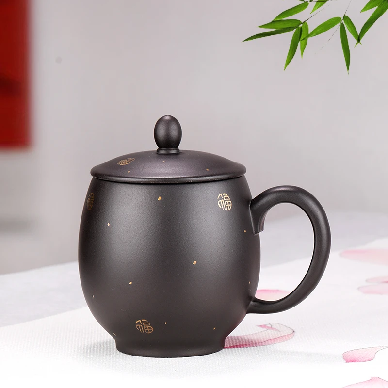 紫砂杯宜兴手工龙蛋描金盖杯石黄上等大容量男士专用办公喝水杯子