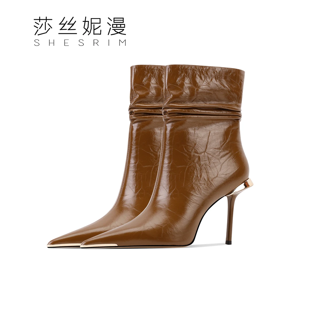 8.5cm法式尖头冬季短靴防水台细跟女靴秋冬高跟鞋单里时装靴真皮