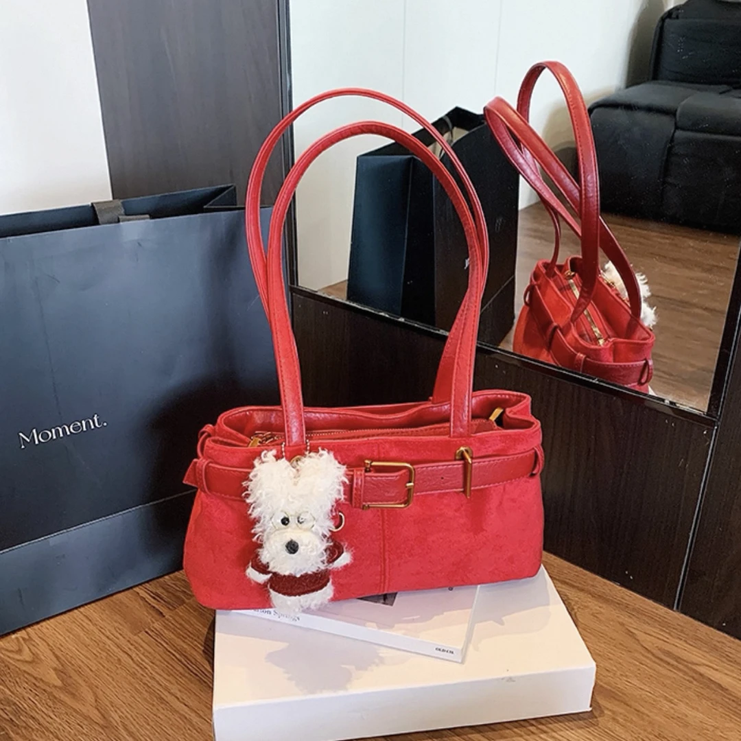 复古红色麂皮手提法棍包包女式2025新款高级感小众设计婚包腋下包