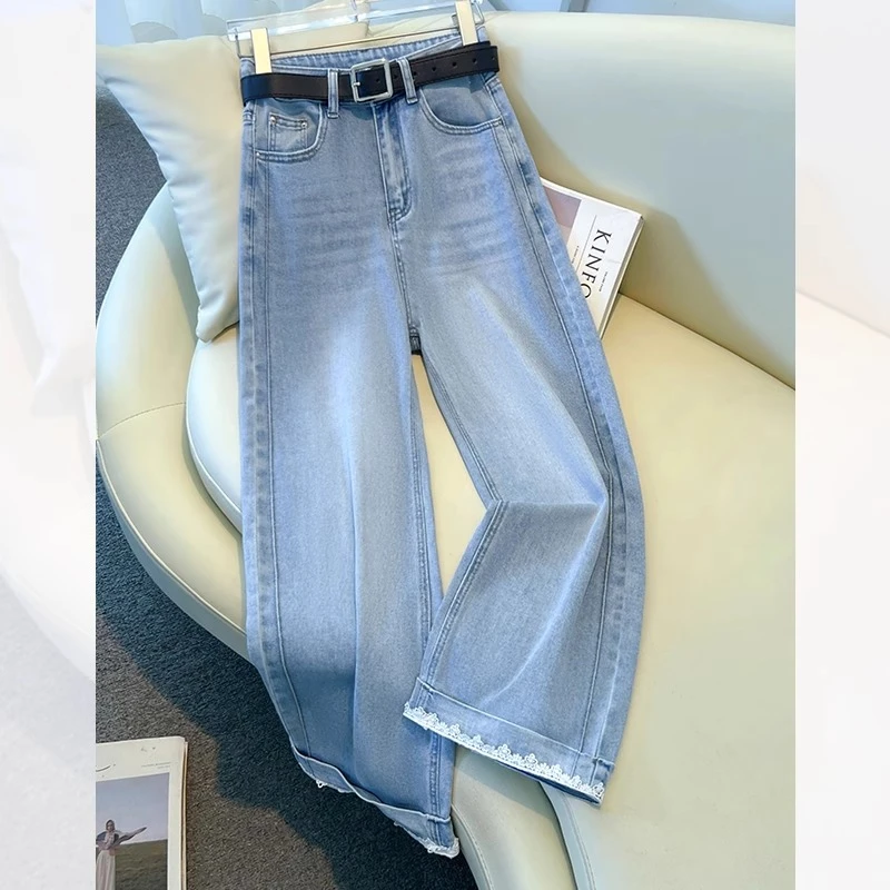 浅色阔腿牛仔裤女夏季2025新款高腰复古蕾丝拼接窄版九分裤直筒裤