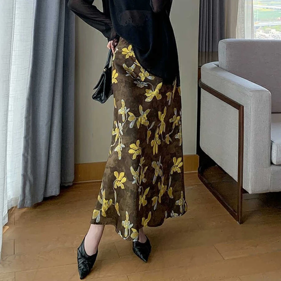醋酸缎面印花半身裙女夏季薄款光泽感包臀显瘦中长款A字鱼尾长裙