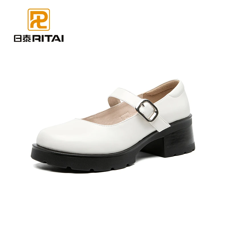 日泰2025春季新款玛丽珍鞋女厚底增高粗跟百搭浅口一字带单鞋